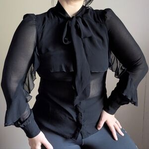 MinkPink Sheer Black Tie Neck Ruffled Button Up Top Size 8